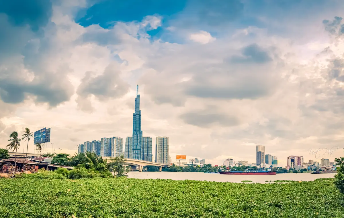 Skyline of Ho Chi Minh City with Landmark 81 across the Saigon River